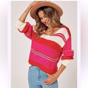 UMGEE Women’s Plus Size Sweater Striped Hot Pink Red and Cream Balloon Sleeves